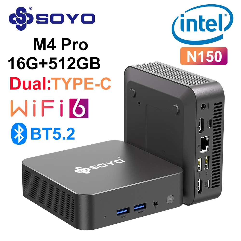 SOYO M4 PRO Mini PC Intel Twin Lake N150 Mini PC Computer PC Win11 Pro Mini PC DDR4 16GB RAM 512GB ROM WiFi6 BT5.2 Desktop