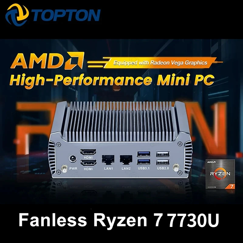 Topton Hot Fanless Mini PC AMD Ryzen 7 7730U 8 Core 16 Threads Barebone PC 2 LANs Router Gaming Computer Windows 11 2x4K WiFi6